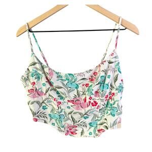 Midnight Sky‎ Floral Smocked Linen Blend Crop Top Large L Adjustable Straps